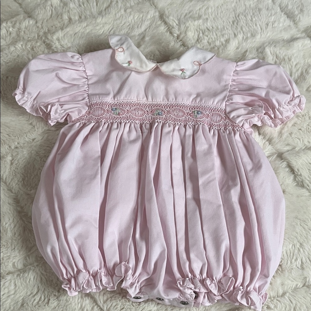 Pink Baby Romper with Embroidered Collar and Smock chest